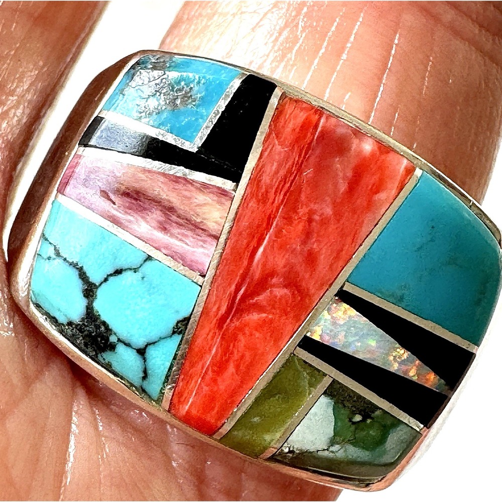 Navajo Mens Ring Sz 12‎ Multi Stone Signed Yazzie Turquoise Sterling Native Amer